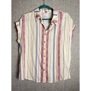 True Craft Pink Blue Floral Striped Boho Hippie Linen Blend Lightweight Shirt XL